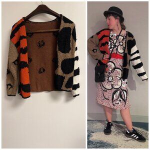 Vintage 90s Animal Print Open Front Cardigan Sweater Zebra Giraffe Tiger M/L